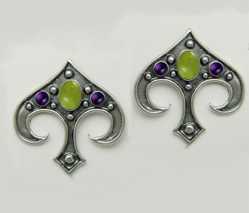 Sterling Silver Gothic Inspired Drop Dangle Earrings With Peridot And Amethyst